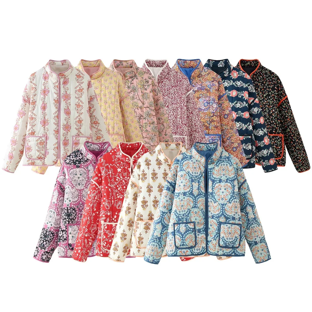 New 2026 Autumn Women's Fashion Reversible Quilted Jacket Vintage Floral Print Long Sleeve Cardigan Coat Chic Woman Streetwear