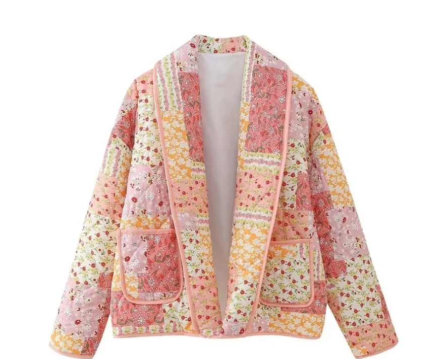 New 2026 Autumn Women's Fashion Reversible Quilted Jacket Vintage Floral Print Long Sleeve Cardigan Coat Chic Woman Streetwear