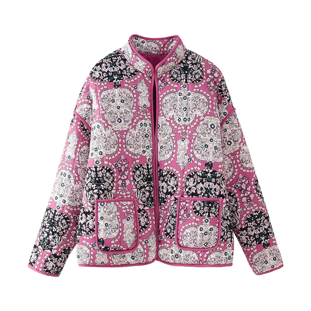New 2026 Autumn Women's Fashion Reversible Quilted Jacket Vintage Floral Print Long Sleeve Cardigan Coat Chic Woman Streetwear