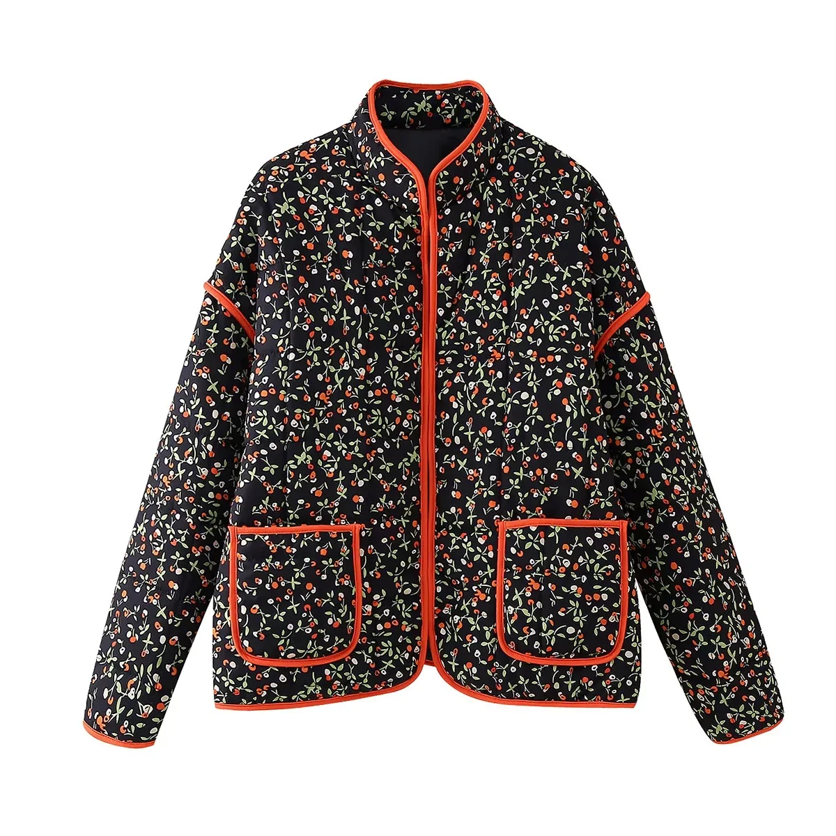 New 2026 Autumn Women's Fashion Reversible Quilted Jacket Vintage Floral Print Long Sleeve Cardigan Coat Chic Woman Streetwear