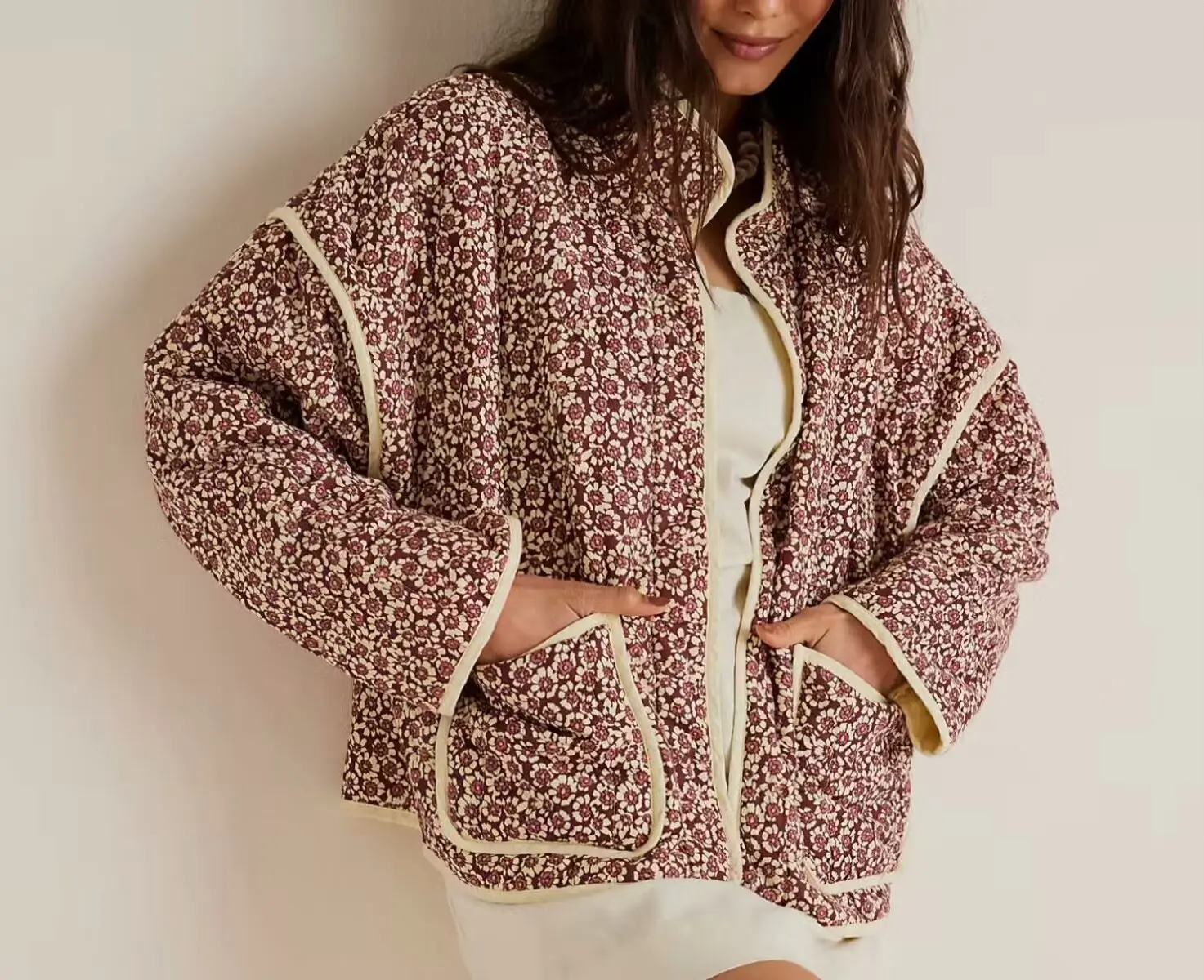 New 2026 Autumn Women's Fashion Reversible Quilted Jacket Vintage Floral Print Long Sleeve Cardigan Coat Chic Woman Streetwear