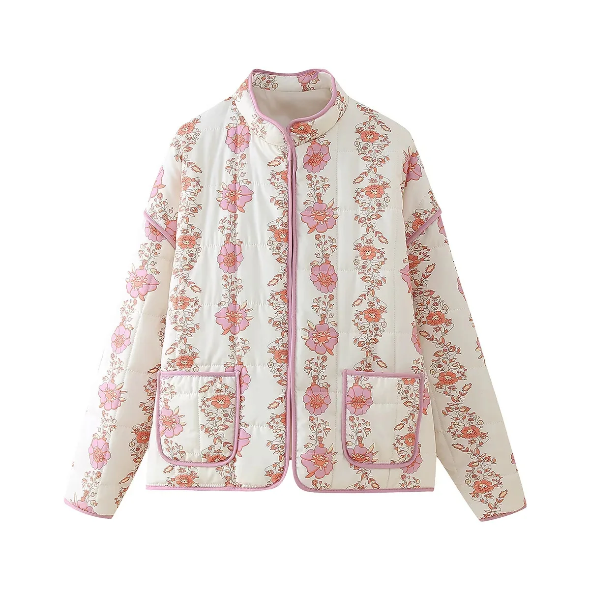 New 2026 Autumn Women's Fashion Reversible Quilted Jacket Vintage Floral Print Long Sleeve Cardigan Coat Chic Woman Streetwear