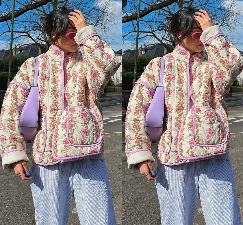 New 2026 Autumn Women's Fashion Reversible Quilted Jacket Vintage Floral Print Long Sleeve Cardigan Coat Chic Woman Streetwear