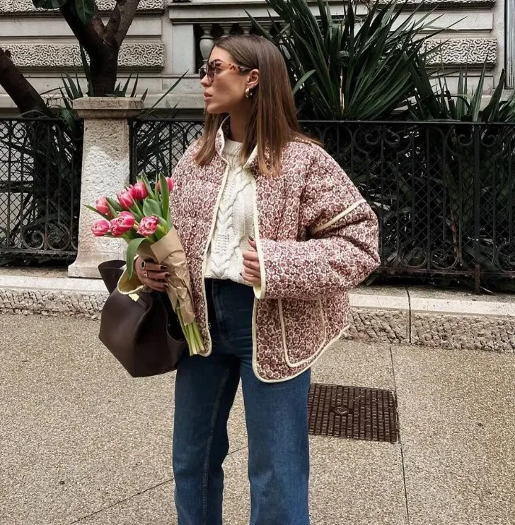 New 2026 Autumn Women's Fashion Reversible Quilted Jacket Vintage Floral Print Long Sleeve Cardigan Coat Chic Woman Streetwear
