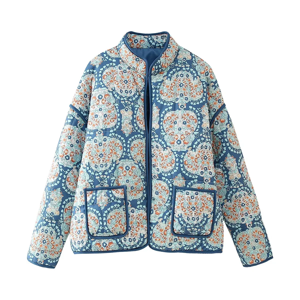 New 2026 Autumn Women's Fashion Reversible Quilted Jacket Vintage Floral Print Long Sleeve Cardigan Coat Chic Woman Streetwear