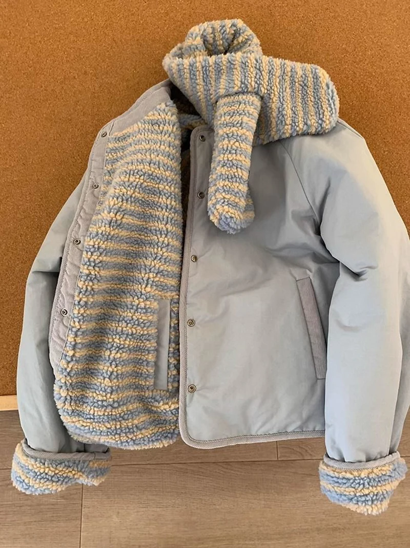 MEXZT with Scarf Parkas Women Fashion Lamb Wool Patchwork Puffer Jacket Korean Fleece Down Coats Winter Cotton Padded Outerwears