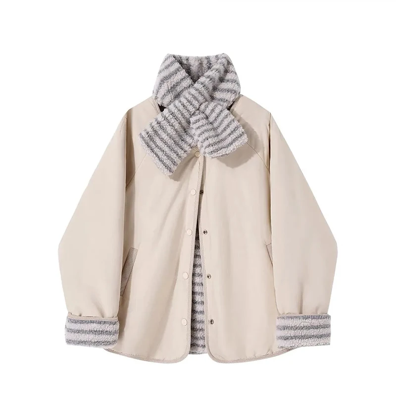 MEXZT with Scarf Parkas Women Fashion Lamb Wool Patchwork Puffer Jacket Korean Fleece Down Coats Winter Cotton Padded Outerwears