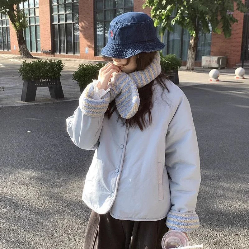 MEXZT with Scarf Parkas Women Fashion Lamb Wool Patchwork Puffer Jacket Korean Fleece Down Coats Winter Cotton Padded Outerwears