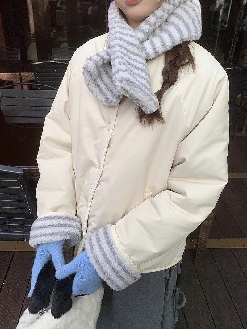 MEXZT with Scarf Parkas Women Fashion Lamb Wool Patchwork Puffer Jacket Korean Fleece Down Coats Winter Cotton Padded Outerwears