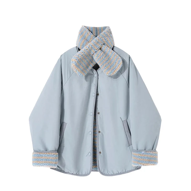 MEXZT with Scarf Parkas Women Fashion Lamb Wool Patchwork Puffer Jacket Korean Fleece Down Coats Winter Cotton Padded Outerwears