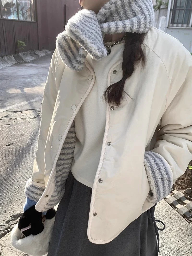 MEXZT with Scarf Parkas Women Fashion Lamb Wool Patchwork Puffer Jacket Korean Fleece Down Coats Winter Cotton Padded Outerwears