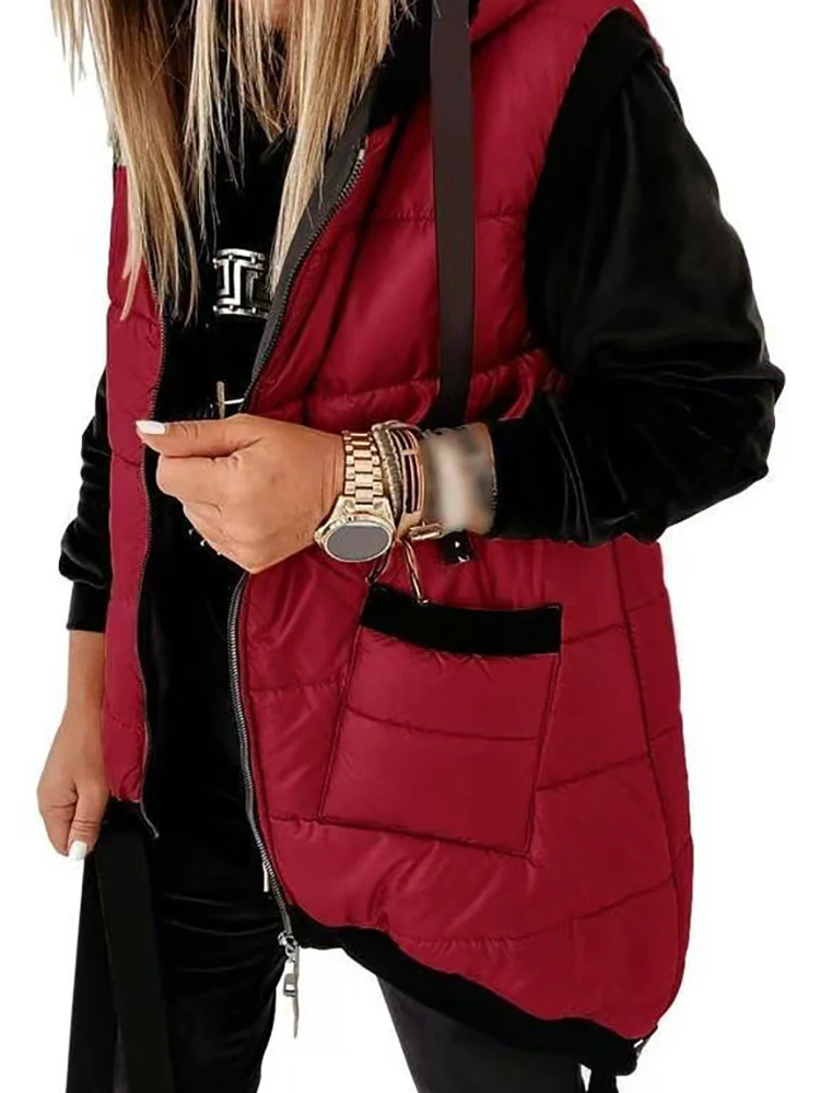Autumn Winter Holiday Padded Vests Women Sleeveless Fashion Hooded Coats Pocket Zipper Lady Casual Chic Jackets Vest Streetwear