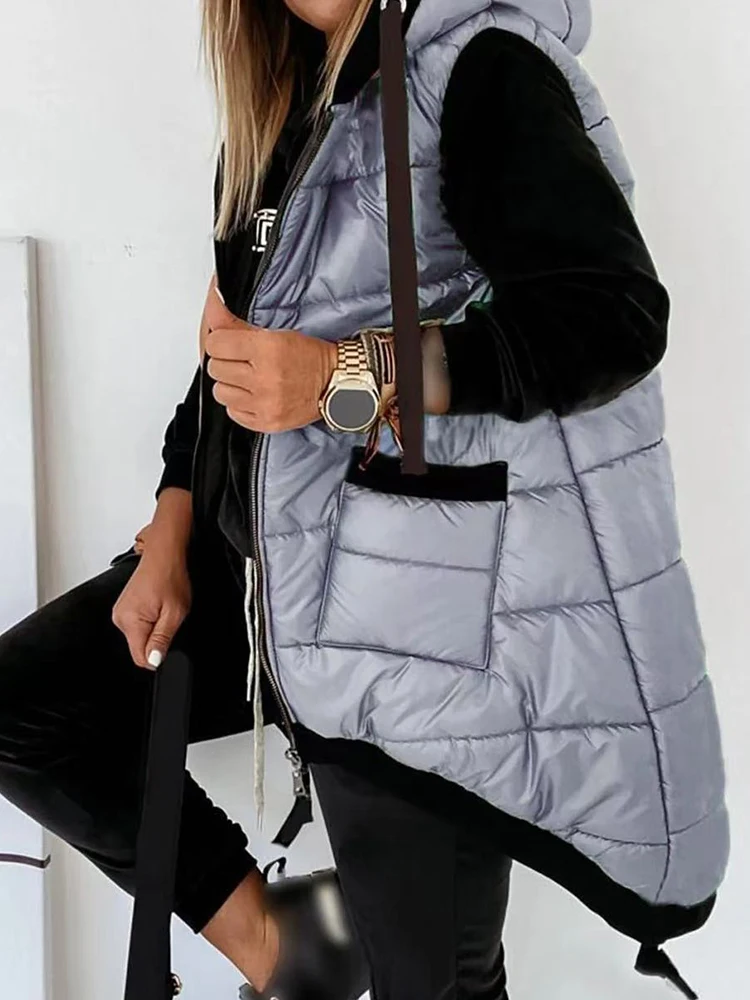 Autumn Winter Holiday Padded Vests Women Sleeveless Fashion Hooded Coats Pocket Zipper Lady Casual Chic Jackets Vest Streetwear