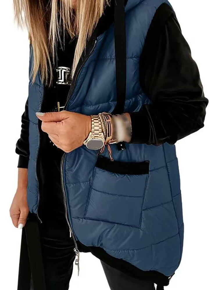 Autumn Winter Holiday Padded Vests Women Sleeveless Fashion Hooded Coats Pocket Zipper Lady Casual Chic Jackets Vest Streetwear