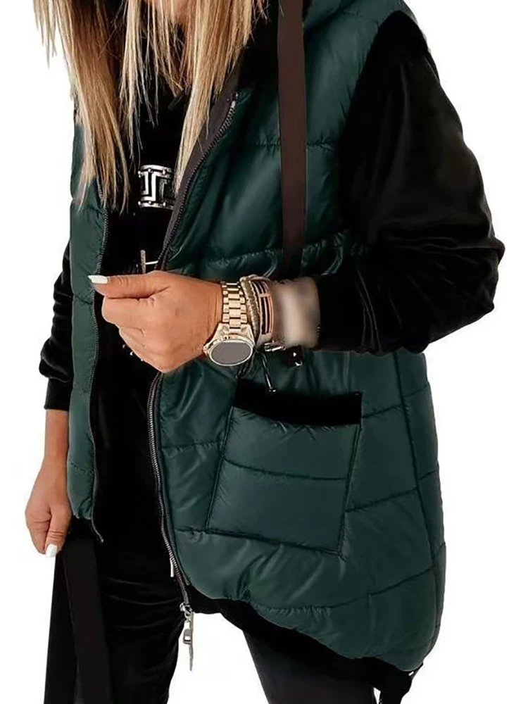 Autumn Winter Holiday Padded Vests Women Sleeveless Fashion Hooded Coats Pocket Zipper Lady Casual Chic Jackets Vest Streetwear