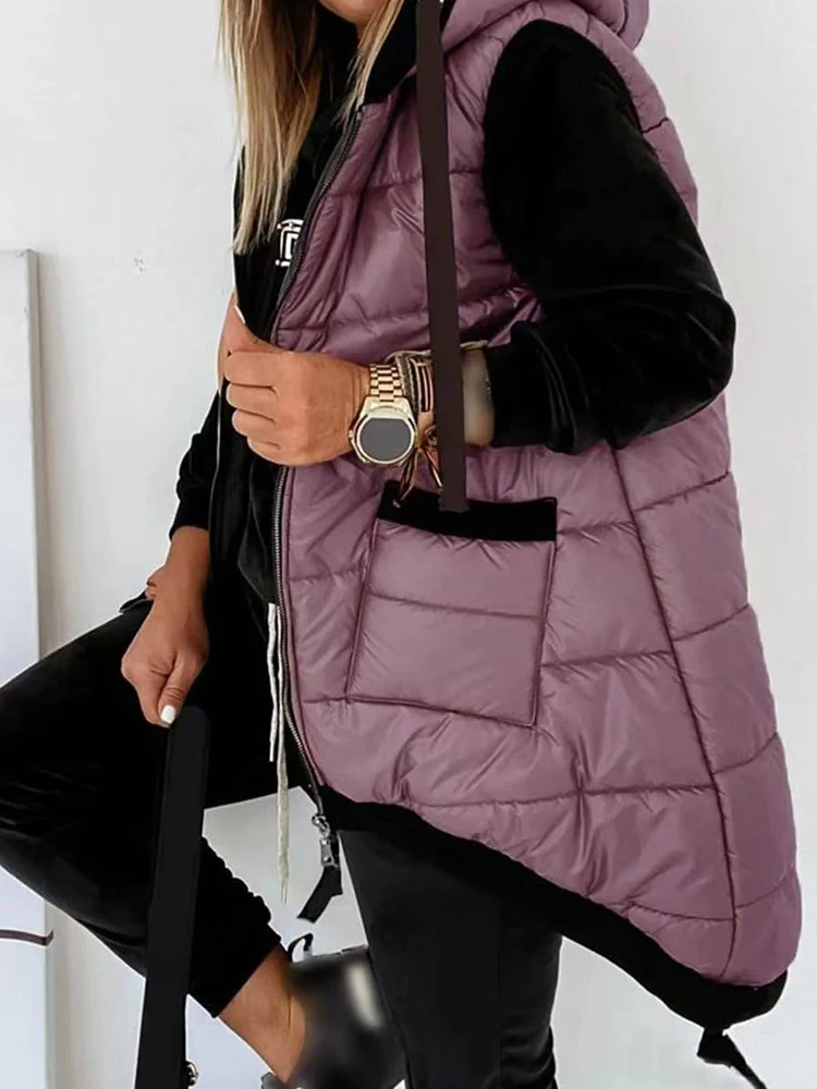 Autumn Winter Holiday Padded Vests Women Sleeveless Fashion Hooded Coats Pocket Zipper Lady Casual Chic Jackets Vest Streetwear