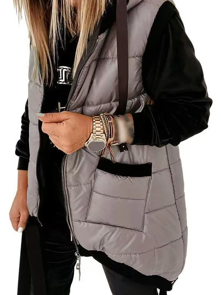 Autumn Winter Holiday Padded Vests Women Sleeveless Fashion Hooded Coats Pocket Zipper Lady Casual Chic Jackets Vest Streetwear