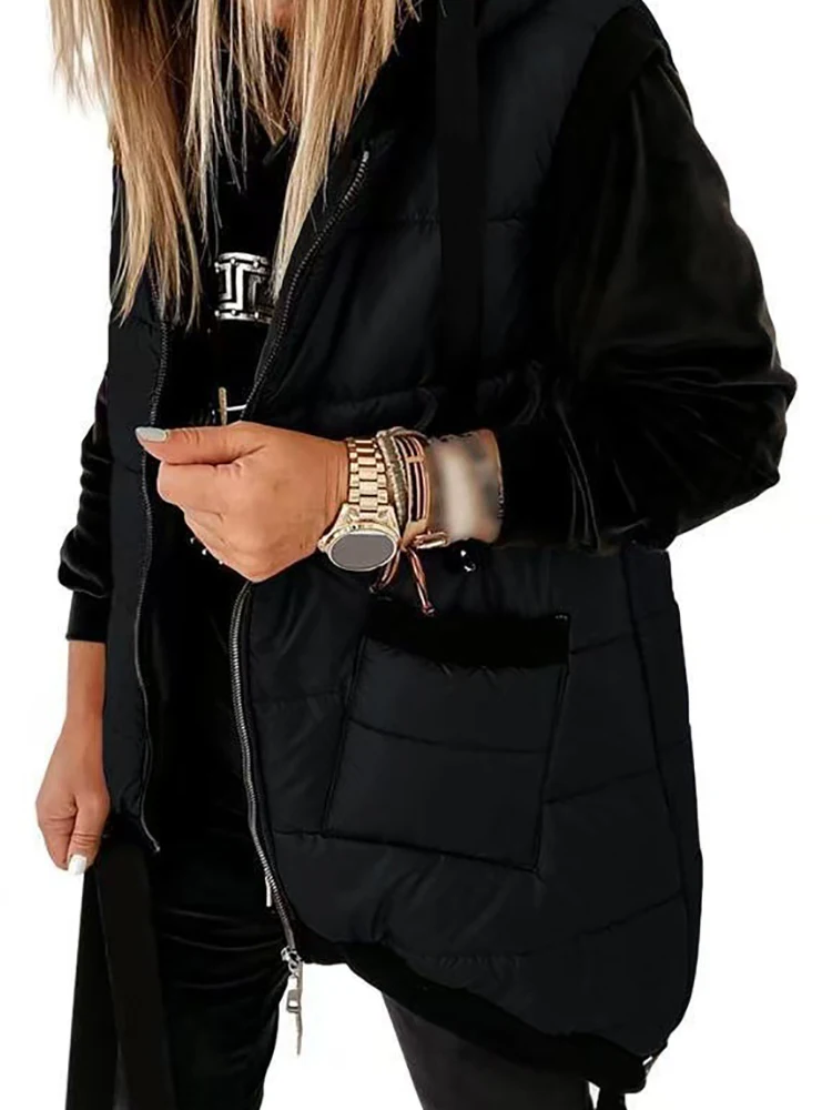 Autumn Winter Holiday Padded Vests Women Sleeveless Fashion Hooded Coats Pocket Zipper Lady Casual Chic Jackets Vest Streetwear