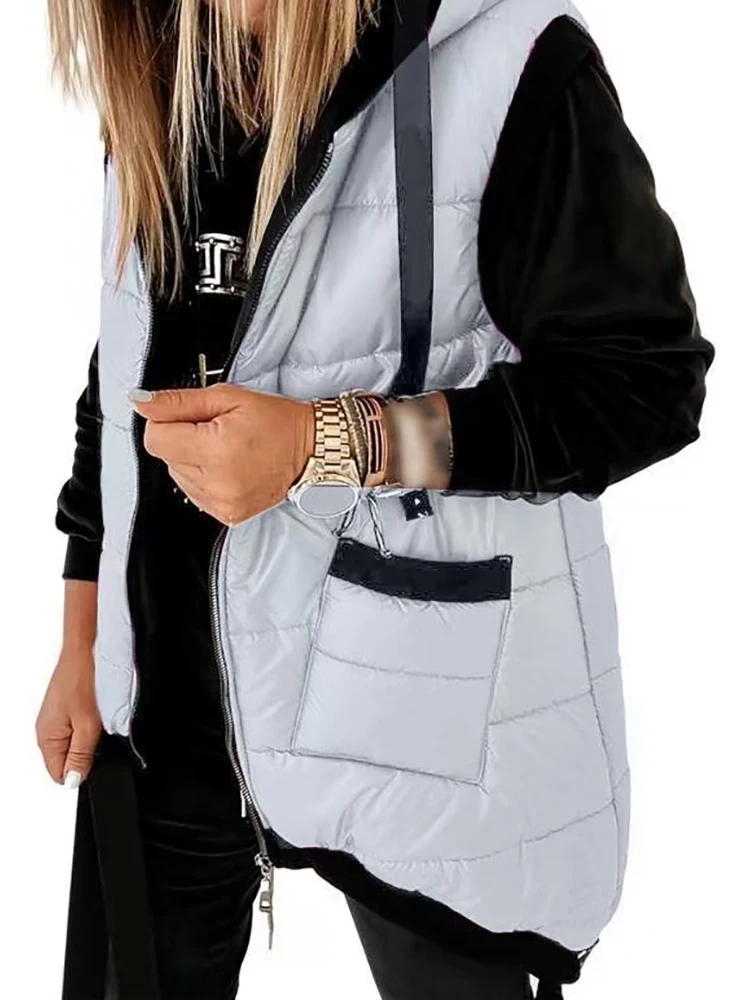 Autumn Winter Holiday Padded Vests Women Sleeveless Fashion Hooded Coats Pocket Zipper Lady Casual Chic Jackets Vest Streetwear