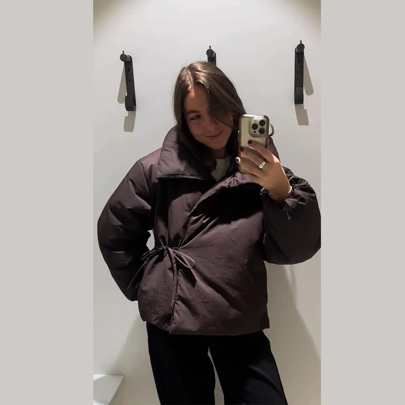 Fashion Lace Up Brown Cotton Jacket Women Loose Stand Collar Long Sleeve Thick Coat 2026 Autumn Winter Lady Warm Street Outwear