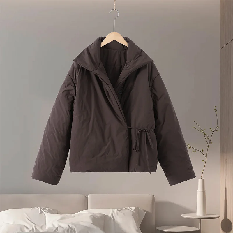 Fashion Lace Up Brown Cotton Jacket Women Loose Stand Collar Long Sleeve Thick Coat 2026 Autumn Winter Lady Warm Street Outwear