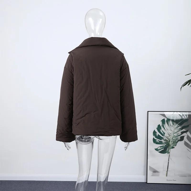 Fashion Lace Up Brown Cotton Jacket Women Loose Stand Collar Long Sleeve Thick Coat 2026 Autumn Winter Lady Warm Street Outwear