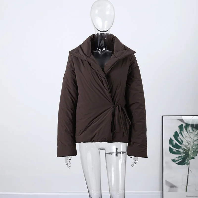 Fashion Lace Up Brown Cotton Jacket Women Loose Stand Collar Long Sleeve Thick Coat 2026 Autumn Winter Lady Warm Street Outwear