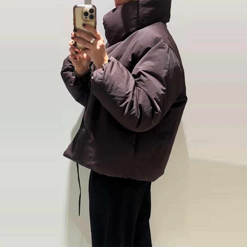 Fashion Lace Up Brown Cotton Jacket Women Loose Stand Collar Long Sleeve Thick Coat 2026 Autumn Winter Lady Warm Street Outwear