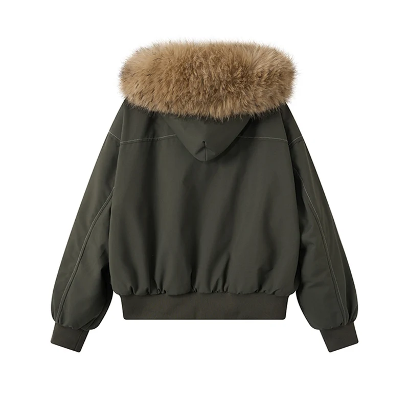 American Hip Hop Faux Fur Collar Winter Jacket Women Y2K Down Cotton Hooded Jacket Loose Vintage Motorcycle Cotton-Padded Coat