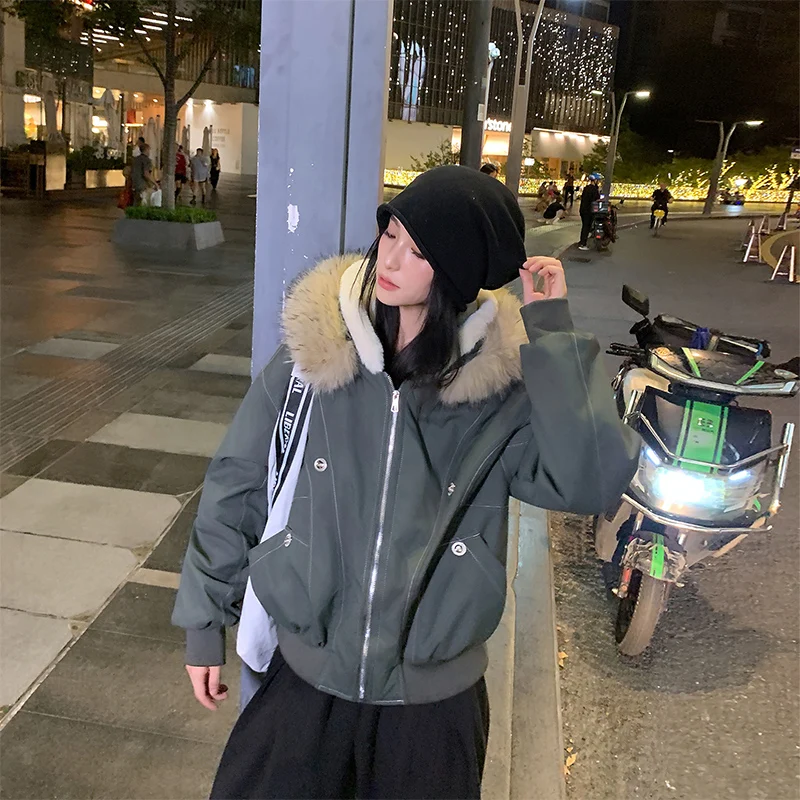 American Hip Hop Faux Fur Collar Winter Jacket Women Y2K Down Cotton Hooded Jacket Loose Vintage Motorcycle Cotton-Padded Coat