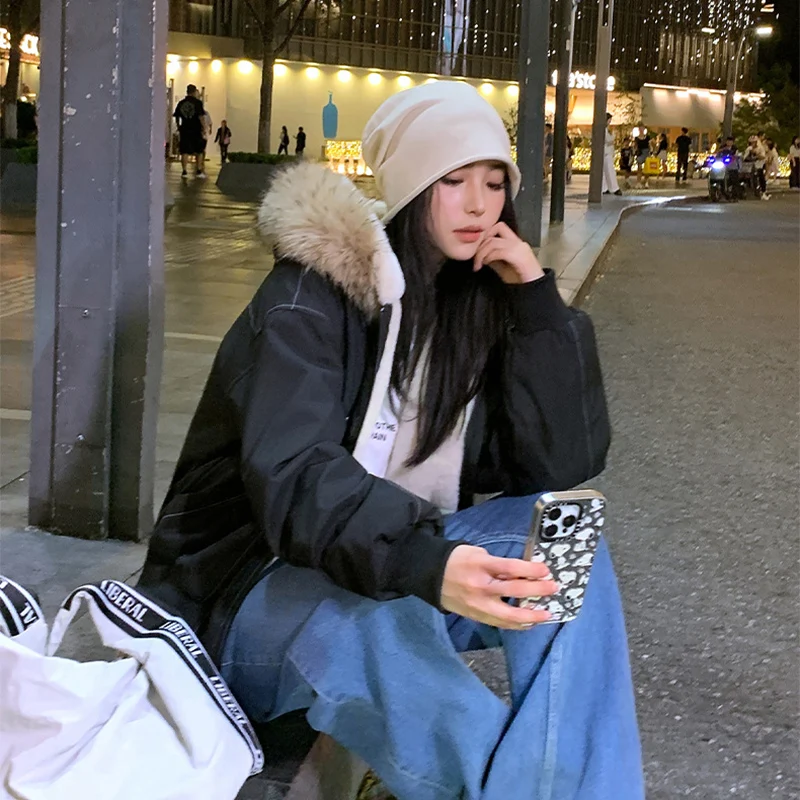 American Hip Hop Faux Fur Collar Winter Jacket Women Y2K Down Cotton Hooded Jacket Loose Vintage Motorcycle Cotton-Padded Coat