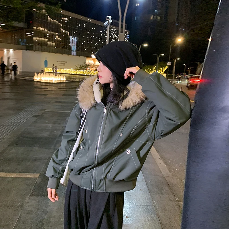 American Hip Hop Faux Fur Collar Winter Jacket Women Y2K Down Cotton Hooded Jacket Loose Vintage Motorcycle Cotton-Padded Coat