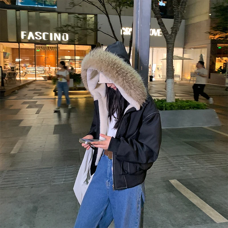 American Hip Hop Faux Fur Collar Winter Jacket Women Y2K Down Cotton Hooded Jacket Loose Vintage Motorcycle Cotton-Padded Coat