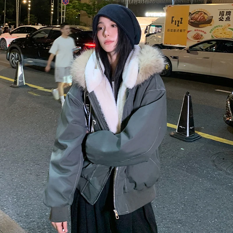 American Hip Hop Faux Fur Collar Winter Jacket Women Y2K Down Cotton Hooded Jacket Loose Vintage Motorcycle Cotton-Padded Coat