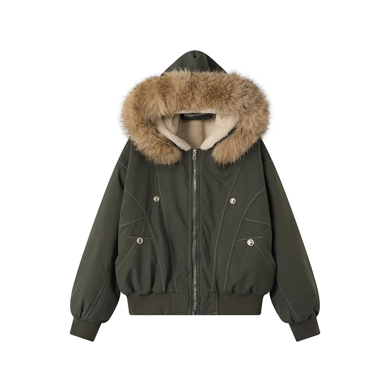 American Hip Hop Faux Fur Collar Winter Jacket Women Y2K Down Cotton Hooded Jacket Loose Vintage Motorcycle Cotton-Padded Coat