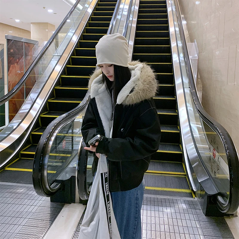 American Hip Hop Faux Fur Collar Winter Jacket Women Y2K Down Cotton Hooded Jacket Loose Vintage Motorcycle Cotton-Padded Coat