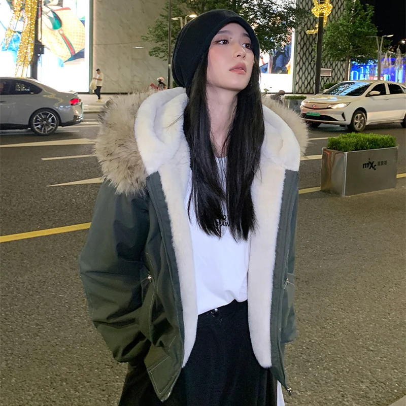 American Hip Hop Faux Fur Collar Winter Jacket Women Y2K Down Cotton Hooded Jacket Loose Vintage Motorcycle Cotton-Padded Coat