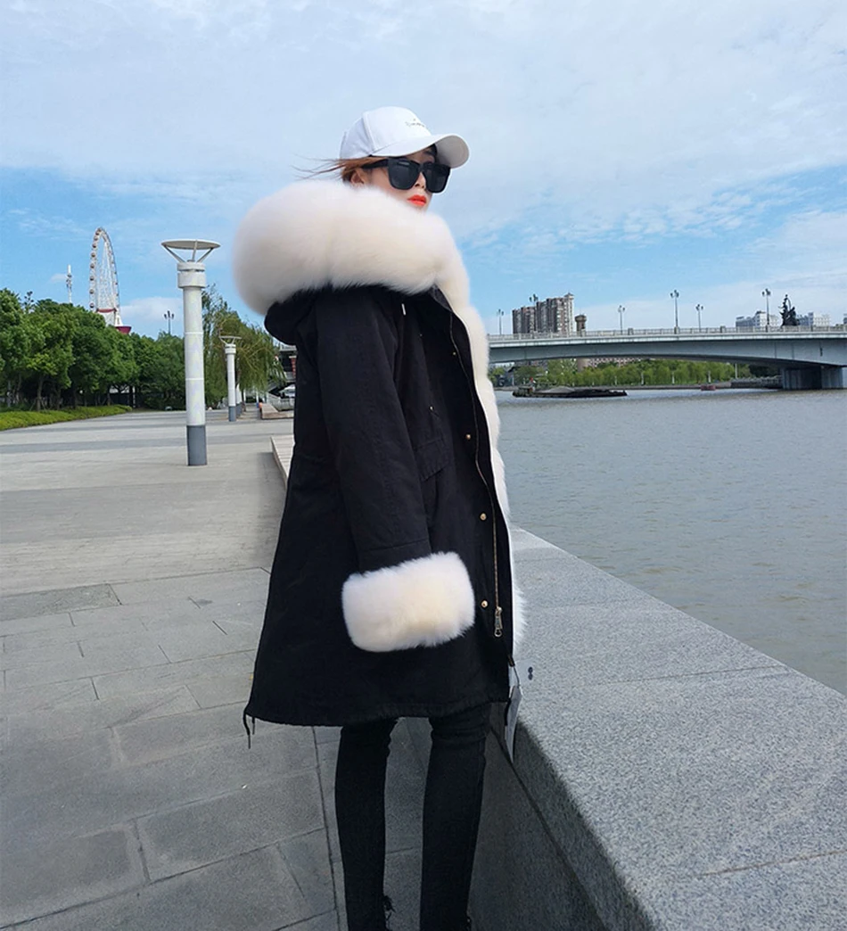Maomaokong Winter Women Luxur Beige Fur Coat Natural Real Fox Fur Waterproof Jacket Hooded Thick Warm Fashion Long Black Parkas
