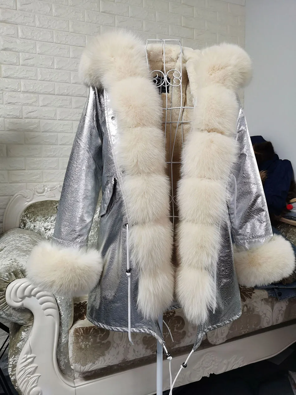 Maomaokong Winter Women Luxur Beige Fur Coat Natural Real Fox Fur Waterproof Jacket Hooded Thick Warm Fashion Long Black Parkas