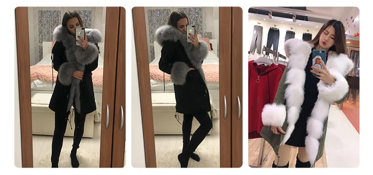 Maomaokong Winter Women Luxur Beige Fur Coat Natural Real Fox Fur Waterproof Jacket Hooded Thick Warm Fashion Long Black Parkas