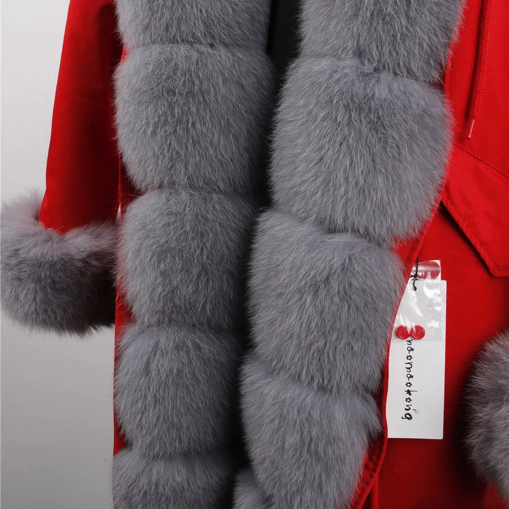 Maomaokong Winter Women Luxur Beige Fur Coat Natural Real Fox Fur Waterproof Jacket Hooded Thick Warm Fashion Long Black Parkas