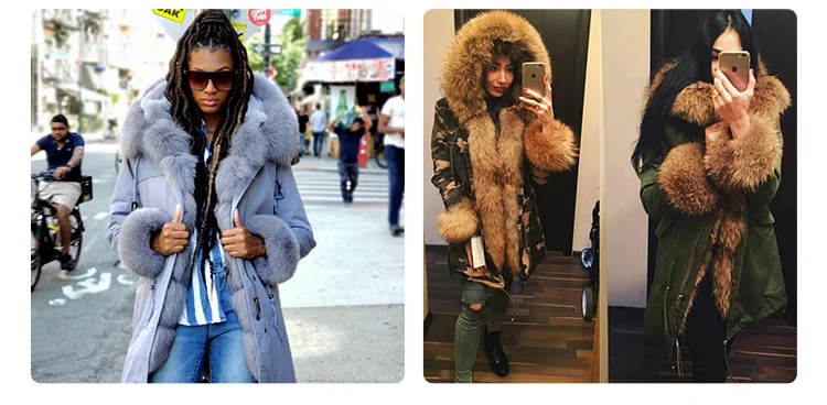 Maomaokong Winter Women Luxur Beige Fur Coat Natural Real Fox Fur Waterproof Jacket Hooded Thick Warm Fashion Long Black Parkas