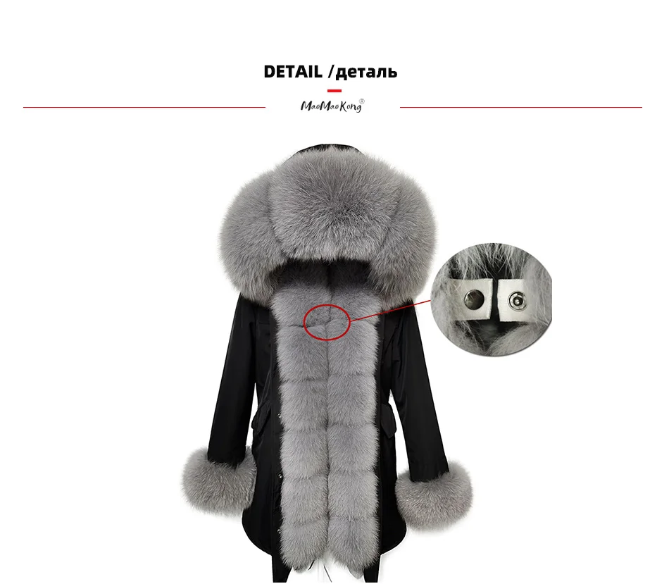 Maomaokong Winter Women Luxur Beige Fur Coat Natural Real Fox Fur Waterproof Jacket Hooded Thick Warm Fashion Long Black Parkas