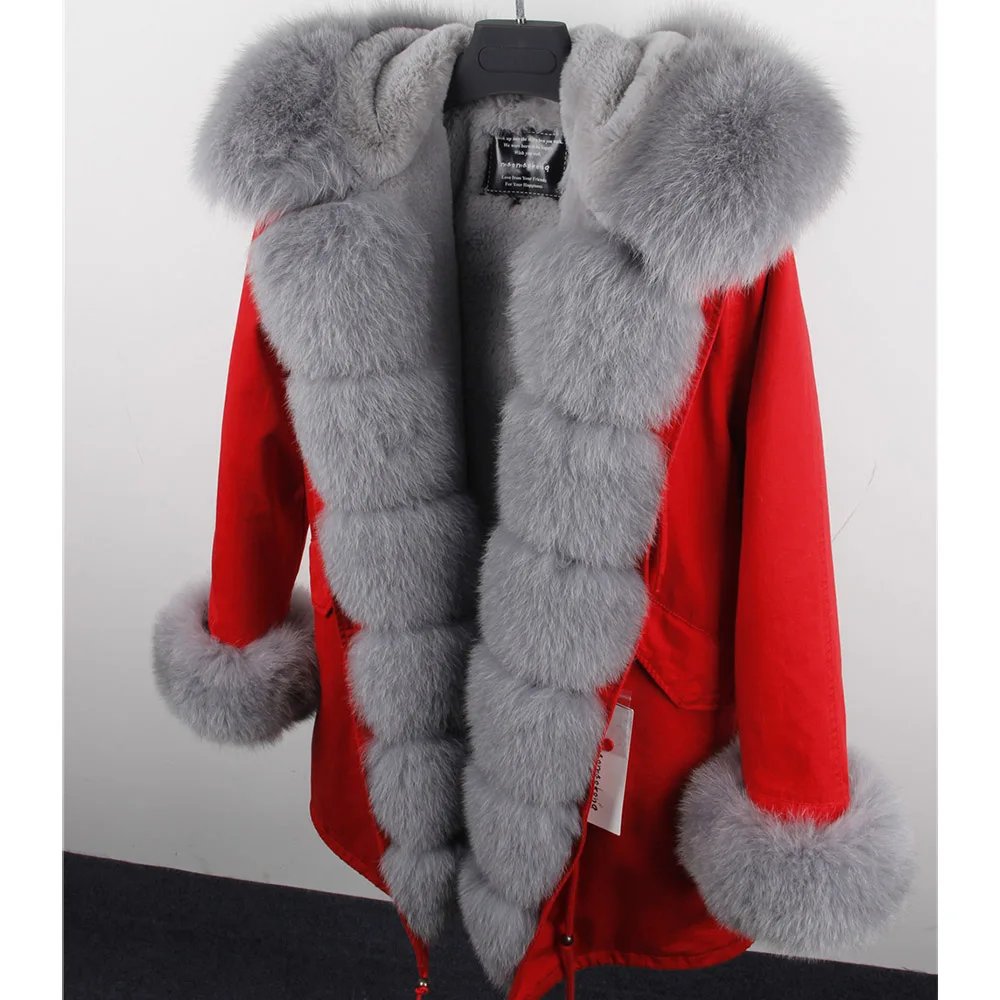 Maomaokong Winter Women Luxur Beige Fur Coat Natural Real Fox Fur Waterproof Jacket Hooded Thick Warm Fashion Long Black Parkas