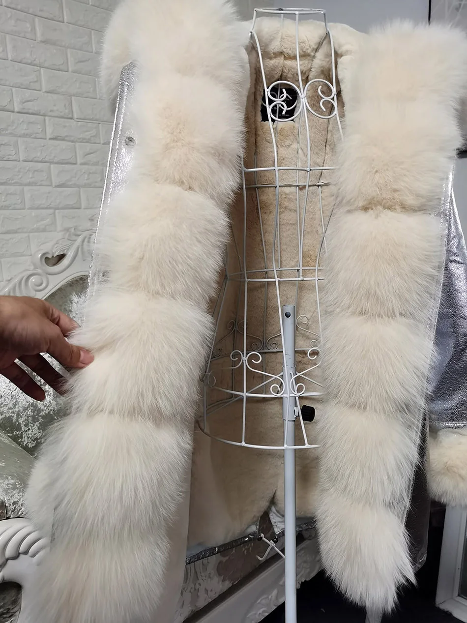 Maomaokong Winter Women Luxur Beige Fur Coat Natural Real Fox Fur Waterproof Jacket Hooded Thick Warm Fashion Long Black Parkas