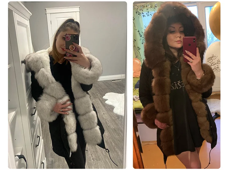 Maomaokong Winter Women Luxur Beige Fur Coat Natural Real Fox Fur Waterproof Jacket Hooded Thick Warm Fashion Long Black Parkas