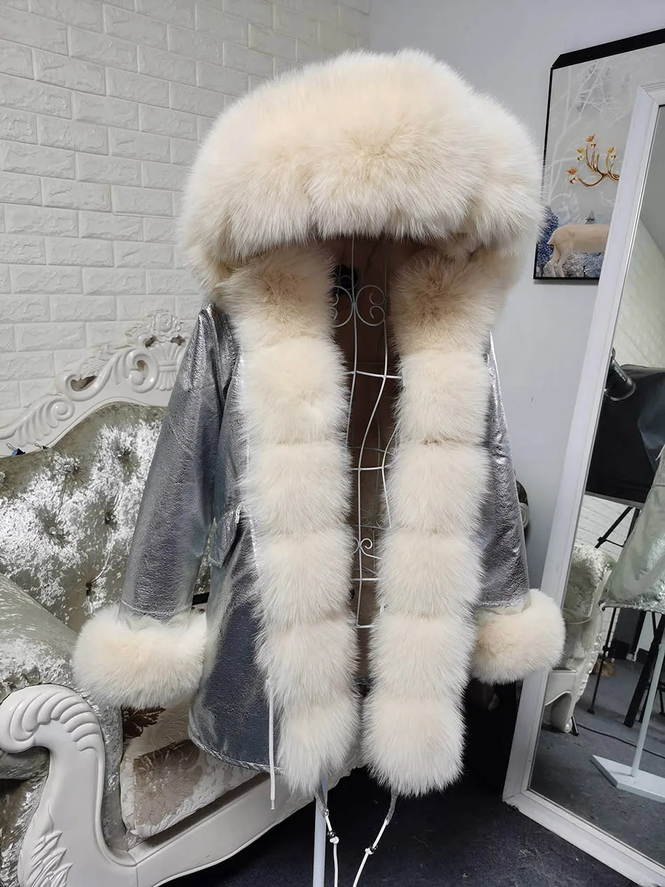 Maomaokong Winter Women Luxur Beige Fur Coat Natural Real Fox Fur Waterproof Jacket Hooded Thick Warm Fashion Long Black Parkas