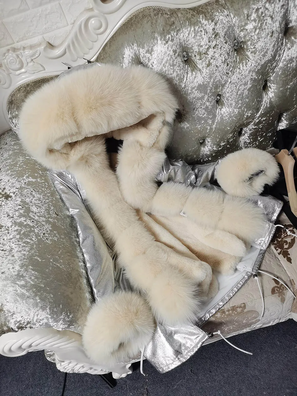 Maomaokong Winter Women Luxur Beige Fur Coat Natural Real Fox Fur Waterproof Jacket Hooded Thick Warm Fashion Long Black Parkas