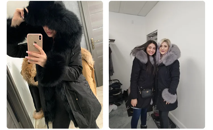 Maomaokong Winter Women Luxur Beige Fur Coat Natural Real Fox Fur Waterproof Jacket Hooded Thick Warm Fashion Long Black Parkas