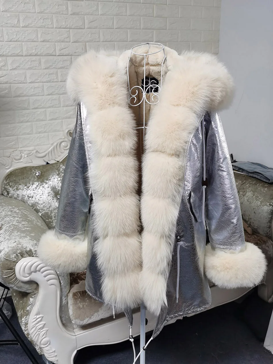 Maomaokong Winter Women Luxur Beige Fur Coat Natural Real Fox Fur Waterproof Jacket Hooded Thick Warm Fashion Long Black Parkas